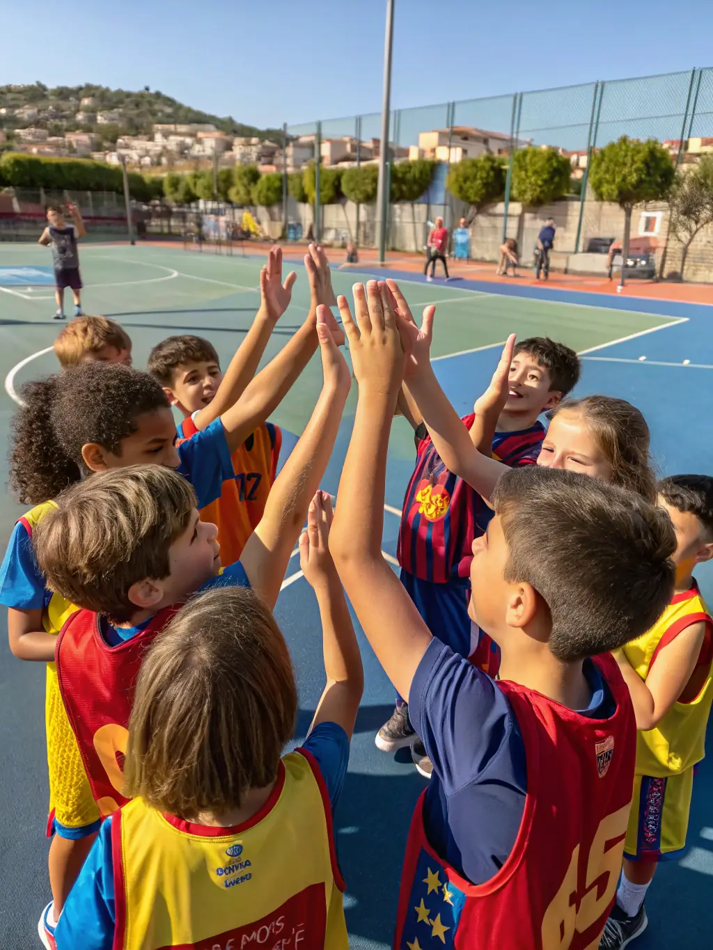 A group photo of participants in a basketball summer camp organized by ASS TASDON BASKET, showing diverse age groups and skill levels, all smiling and holding basketballs, with the camp banner in the background.
