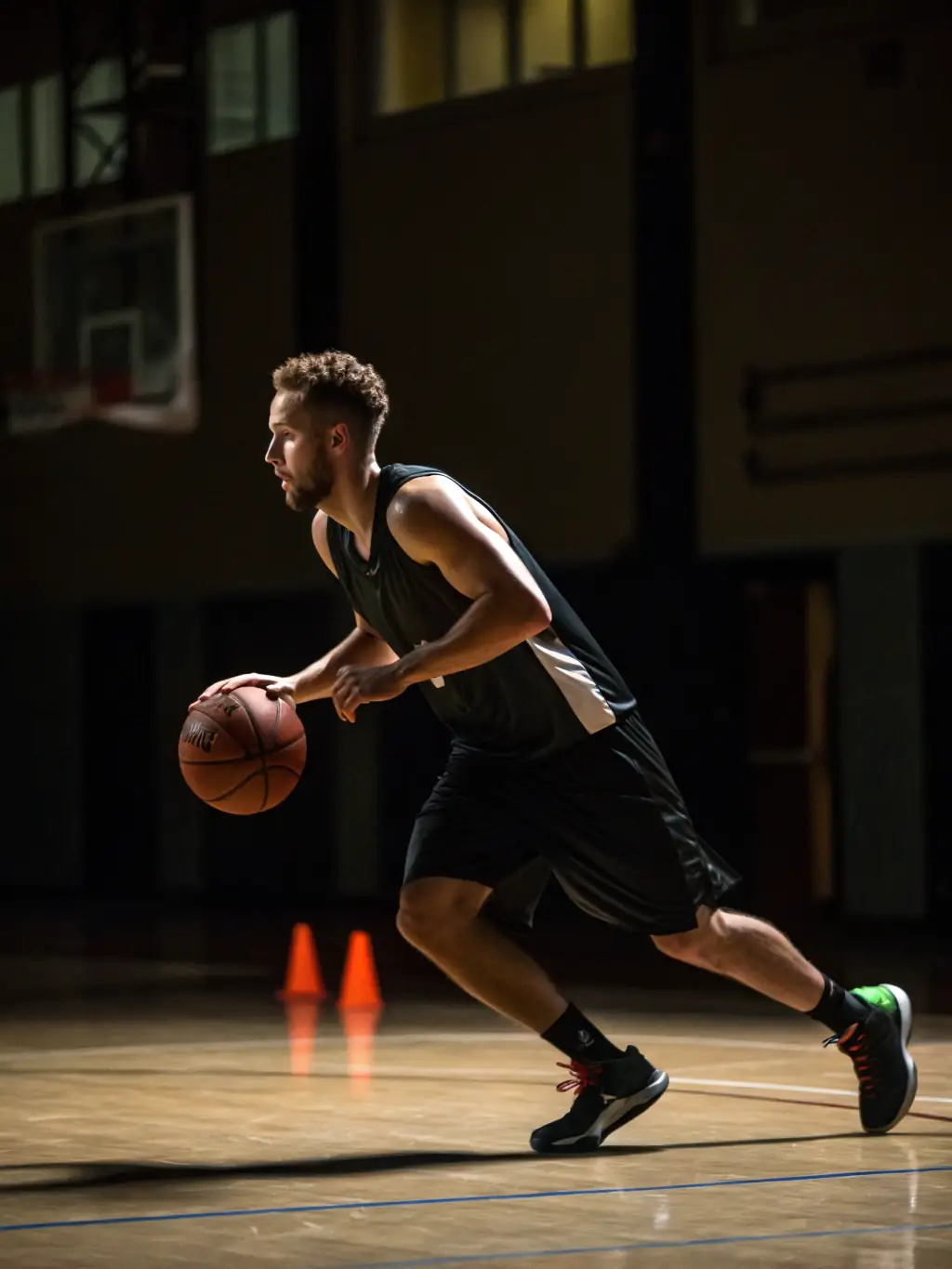 A player from ASS TASDON BASKET dribbling the ball with determination during a fast-paced basketball match, showcasing agility and physical fitness.