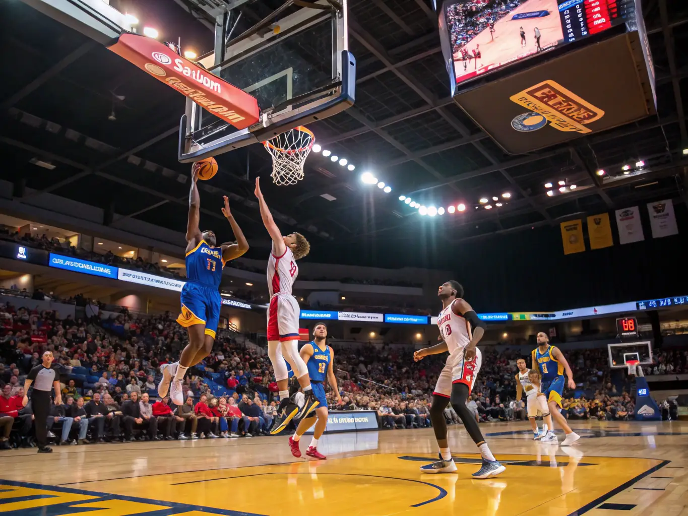 A vibrant image capturing the excitement of a basketball match, with players in action, showcasing teamwork and competitive spirit. The photo should highlight the intensity and passion of the game.