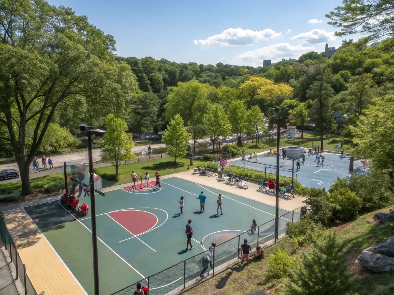 A community-focused image showing participants of all ages enjoying a basketball event, emphasizing inclusivity and community engagement. The photo should reflect the welcoming atmosphere of ASS TASDON BASKET.