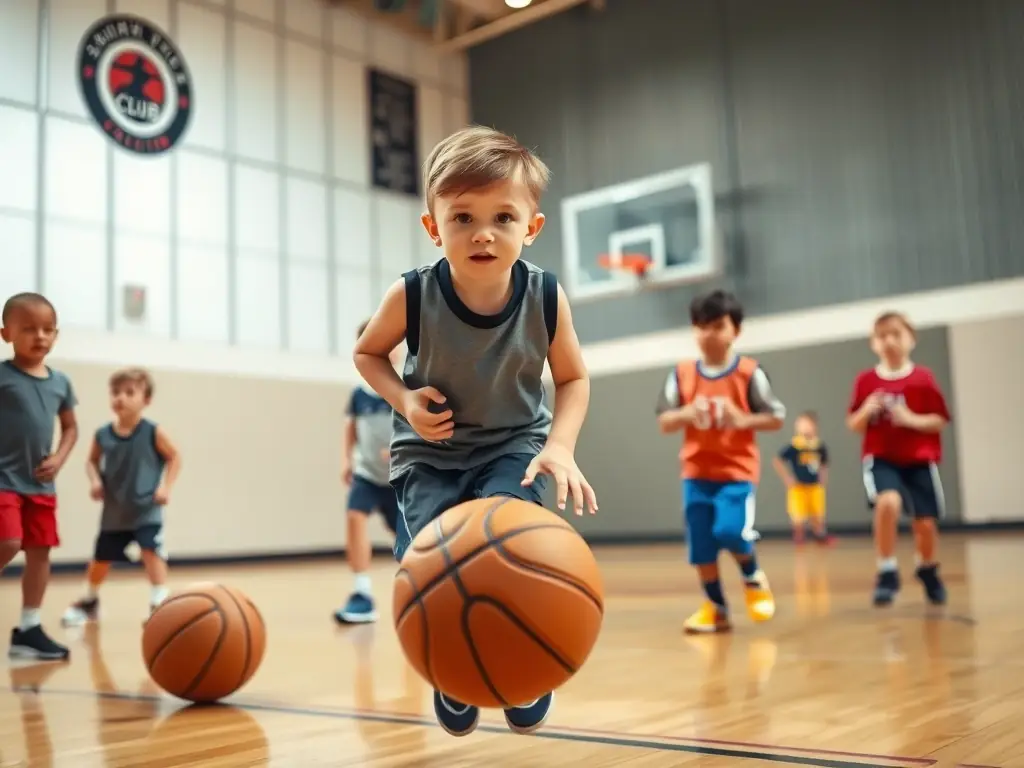 A dynamic action shot of young basketball players participating in a training session, focusing on dribbling skills with a coach providing guidance in the background. The image should convey energy, focus, and the spirit of teamwork.