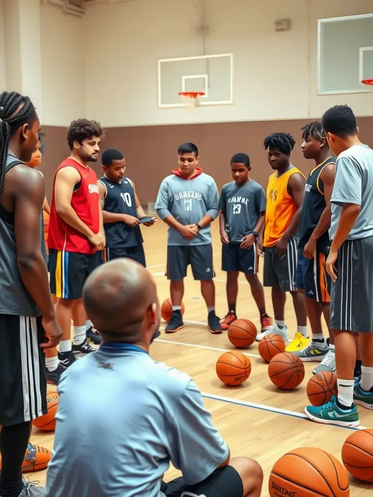 A diverse group of ASS TASDON BASKET members stretching and warming up before a training session, highlighting the club's inclusive environment and commitment to player well-being.