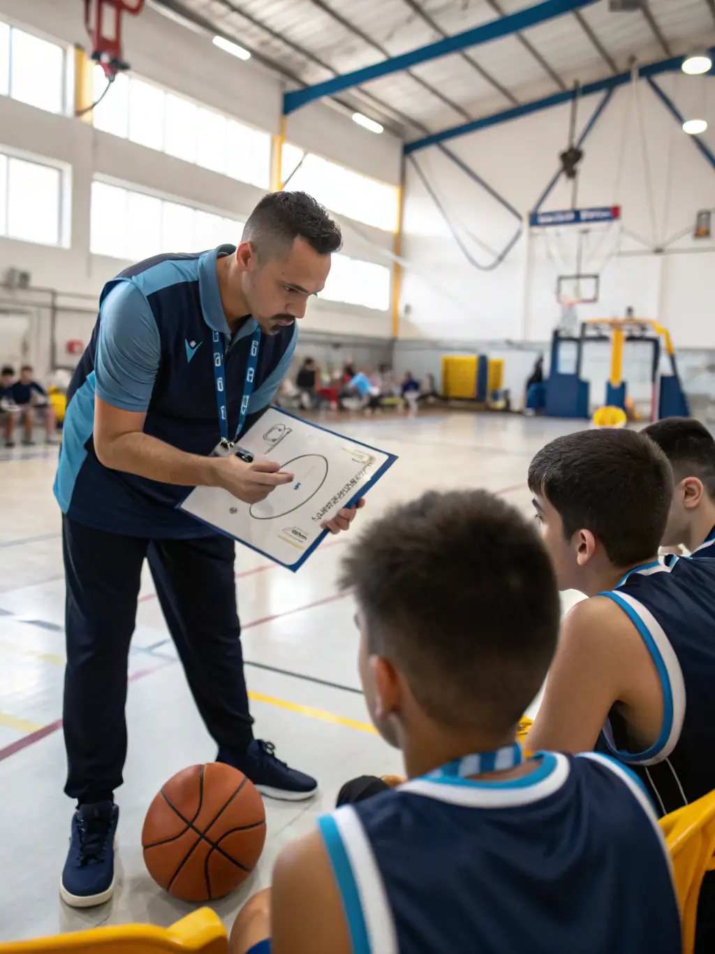 ASS TASDON BASKET players strategizing during a timeout, with the coach providing guidance, illustrating the importance of communication and planning.