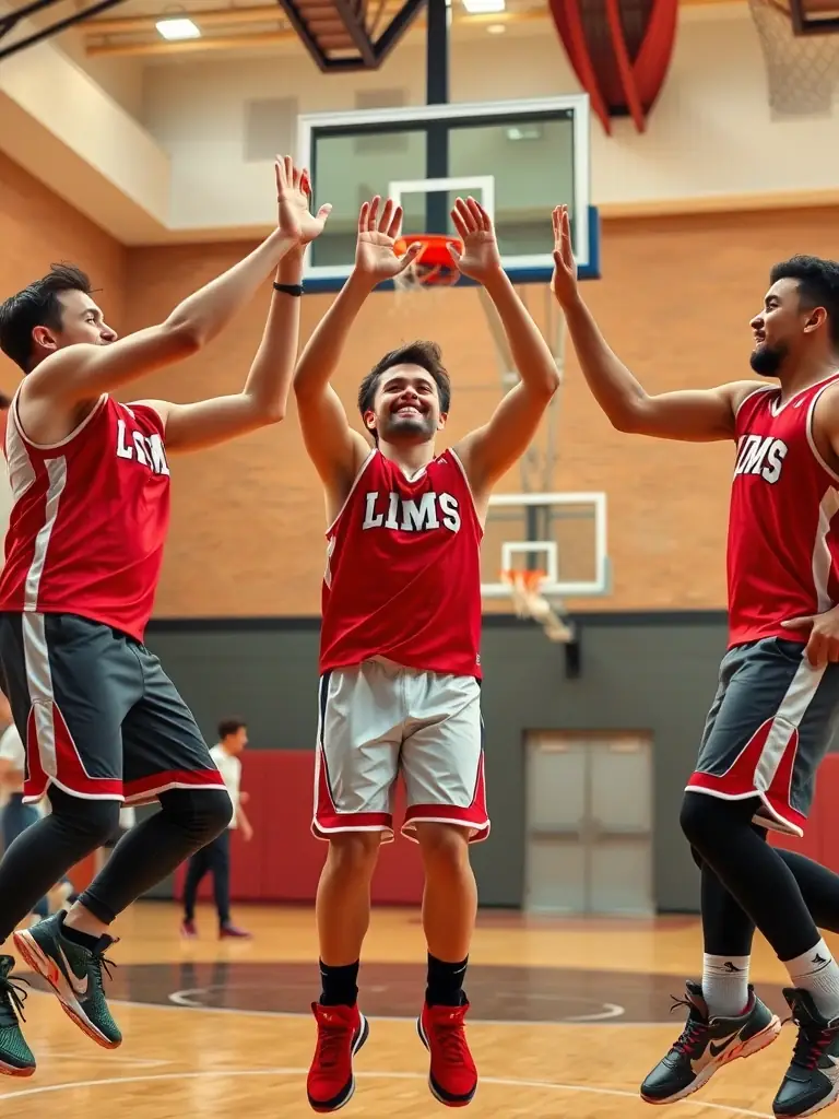 A group of ASS TASDON BASKET players high-fiving each other after a successful play during a basketball game, symbolizing teamwork and camaraderie.
