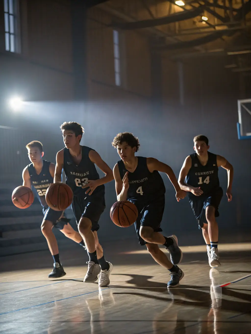 A dynamic shot of young basketball players in ASS TASDON BASKET uniforms participating in a fast-paced dribbling drill during a training session, showcasing their agility and teamwork.