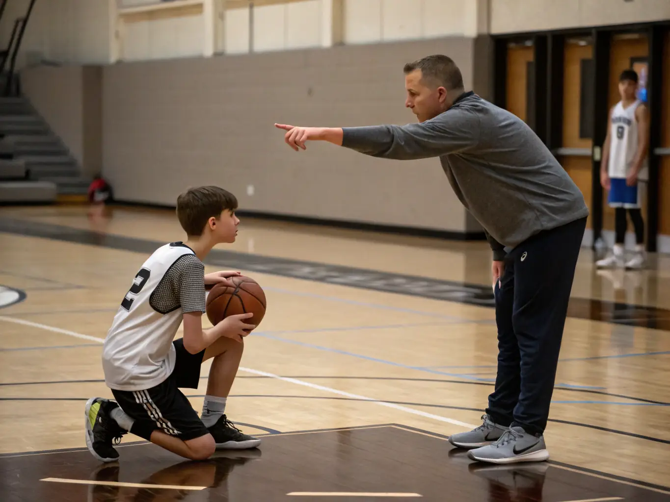 A coach demonstrating a shooting technique to a player during an ASS TASDON BASKET training session, emphasizing proper form and follow-through.